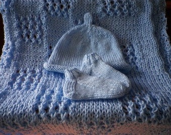 Made to Order Knitted Baby Blanket, Hat and Booties Free Shipping