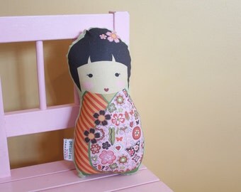 stuffed Doll Kokeshi by PETUNIAS - pillow japanese kimono plush softie room decor toddler baby gift photo prop toy pillow ready to ship