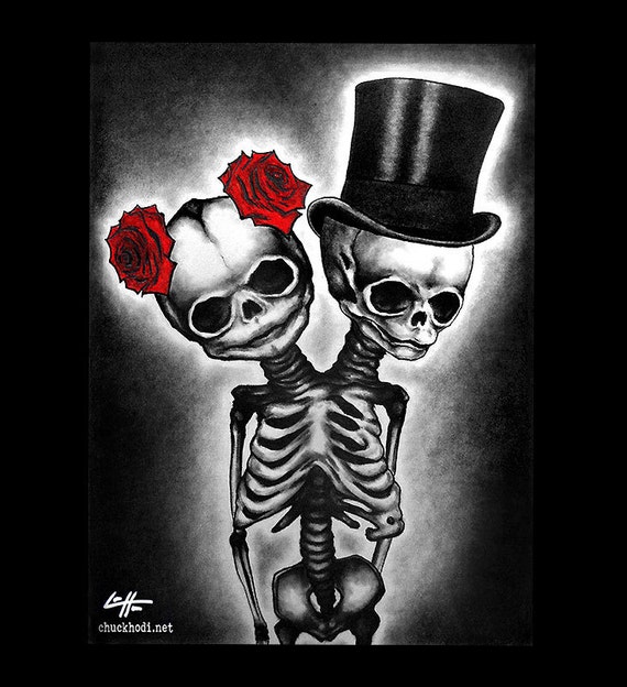 Print 11x14 Couple Skull Skeleton Roses Tophat Top