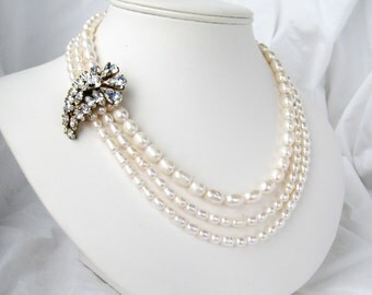Rhinestone Paisley Necklace, 3 Strand Freshwater Pearl Bridal Necklace, Gold Necklace, Asymmetrical Wedding Necklace, Handmade, Paisley