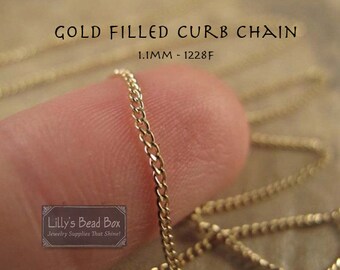 Thin Gold Chain, By The Foot, 14/20 Gold Filled 1.1mm Curb Chain, Small Chain for Necklace, Bracelet, Jewelry Making (1228f)