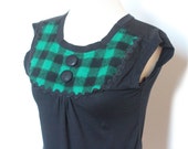 Womens Fall Blouse with Black Organic Cotton and Green Buffalo Plaid Wool // Small // by Nicoles Threads