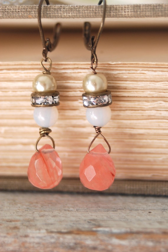 Cameron. rose quartz gemstonerhinestone drop earrings.
