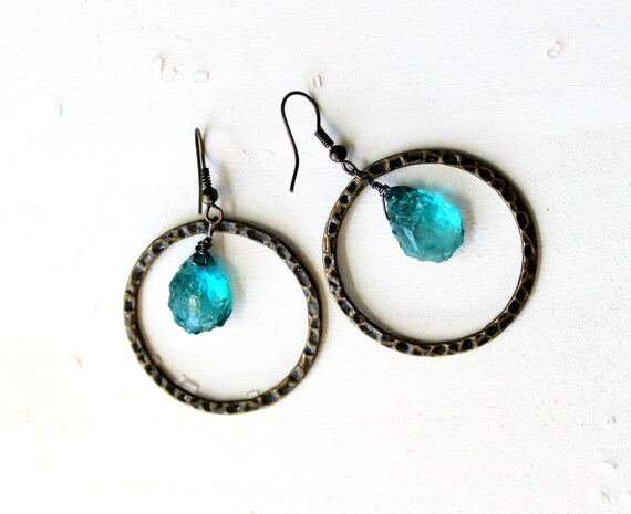 Teal Blue Earrings, Raw Quartz, Hoop Earrings, Antique Brass, Organic, Rough Cut, Boho Chic, Earthy, Natural, Blue Green Stone Briolette