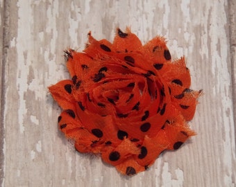 Halloween Orange with Black Dots Shabby Chic Frayed Chiffon Rosette Fabric Flower Hair Clip Clippie Fall