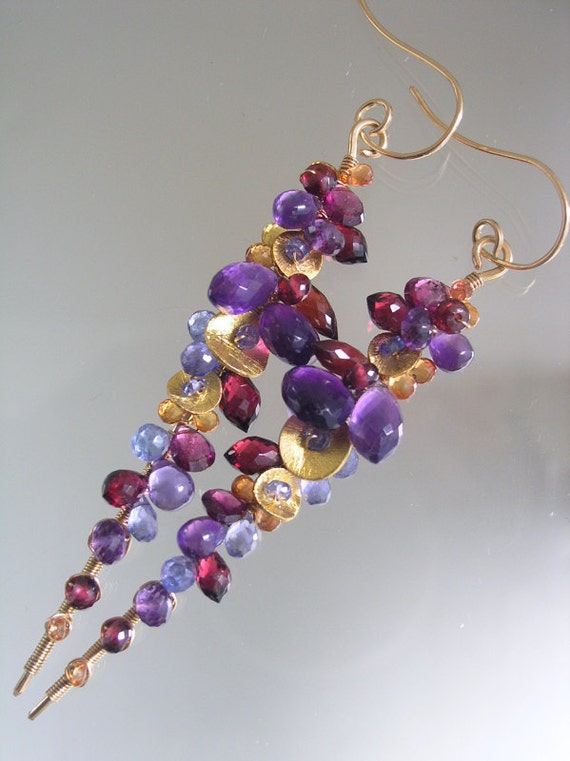 Linear Amethyst Earrings Gold Filled Vines Wire by bellajewelsII
