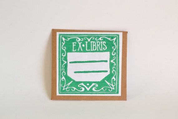 Green Ex Libris Book Plates Hand Printed Set of 4 Self