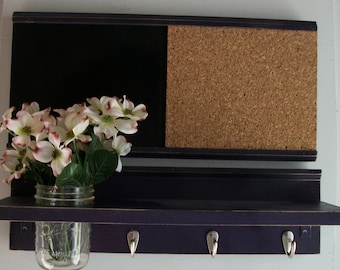 Grape Purple Distressed Wood Wall Shelf Cork & Blackboard Bulletin Board Message Center Hooks