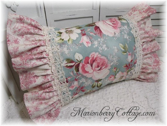 Cottage Rose Pillow French Toile Provence pink roses on blue pillow ecs rdtt svfteam