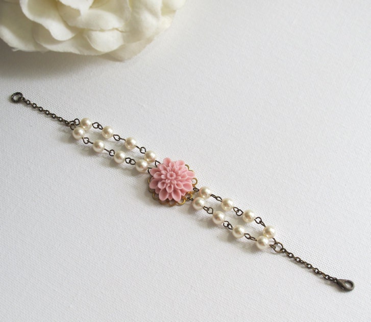 Spring Floral Bracelet. Blush Pink Dahlia. Big flower. by AnnMichy