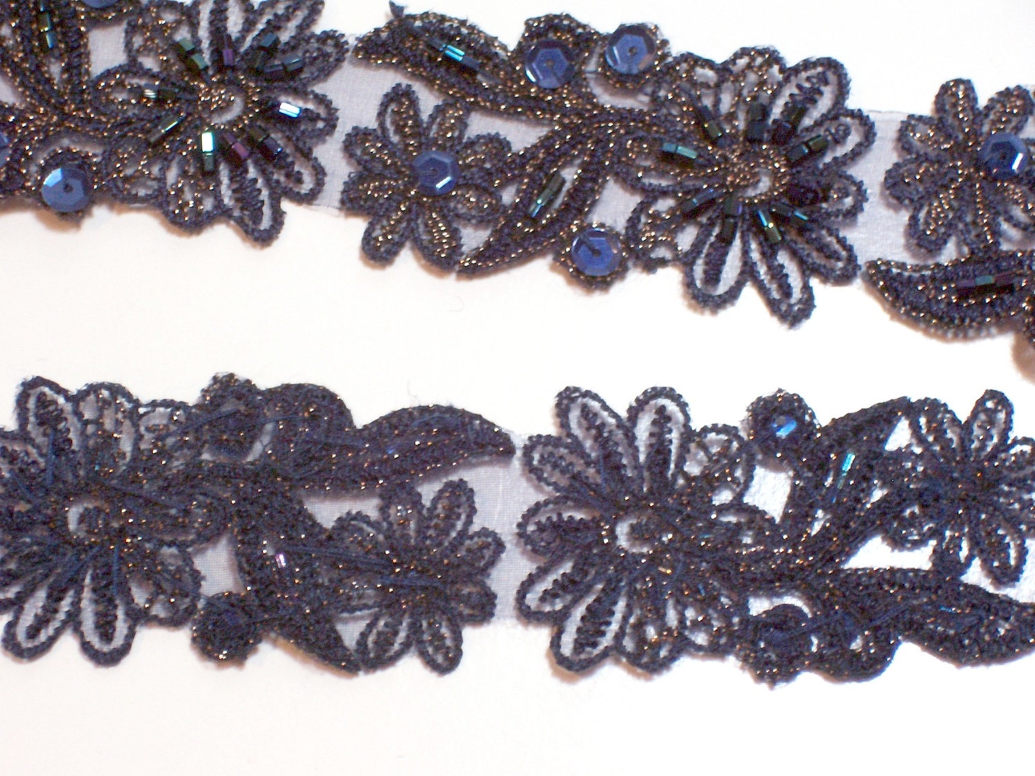 Navy Blue Beaded Flower Lace Sewing Trim 1 1/8 inches wide x 1