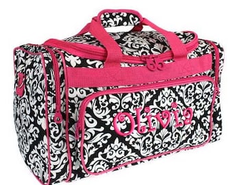 Personalized Duffel Duffle Bag Black Damask Hot Pink Accents DANCE GYM Luggage