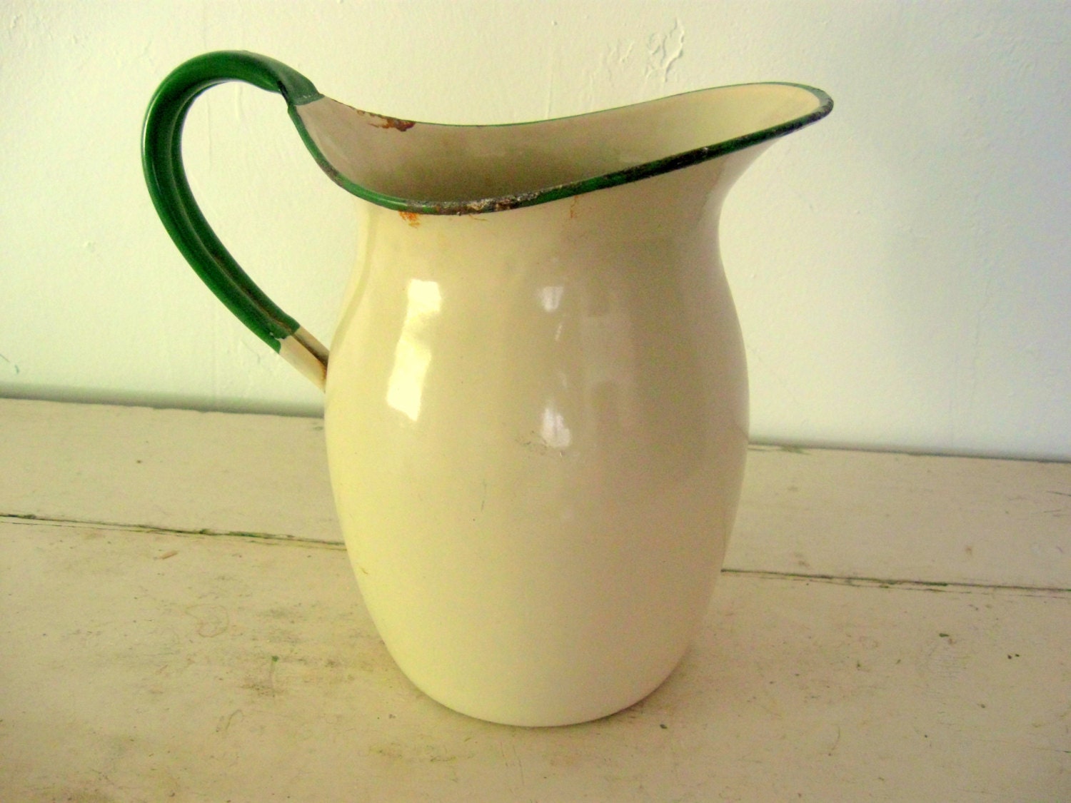 Vintage Enamelware Water Pitcher Green and Cream