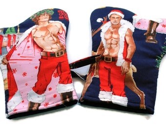 Handmade Oven Mitts Christmas Hunks set of 2 Navy Blue