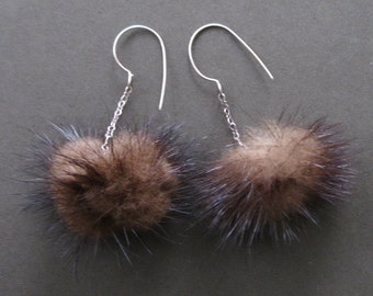 Upcycled Mink Fur Ball Dangle Drop Sterling Earrings- Sample Sale