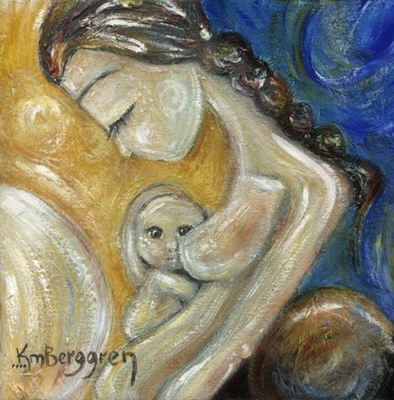 Items similar to mother and child breastfeeding infant yellow blue art