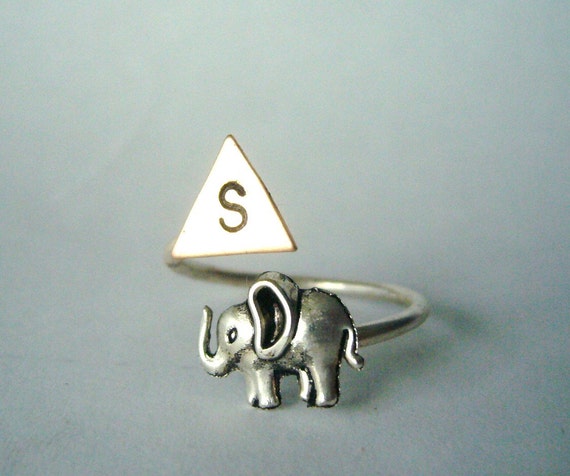 Silver elephant personalized initial geometric ring