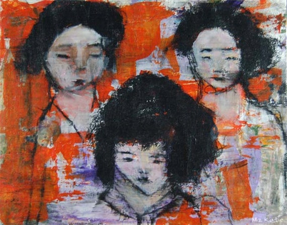 Original Acrylic Portrait Painting, Perm Day, Girls, Orange, 8x10 wrapped canvas