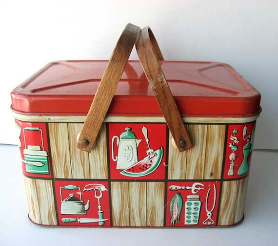 1950's Vintage Tin Picnic Basket Box w Wood Handles