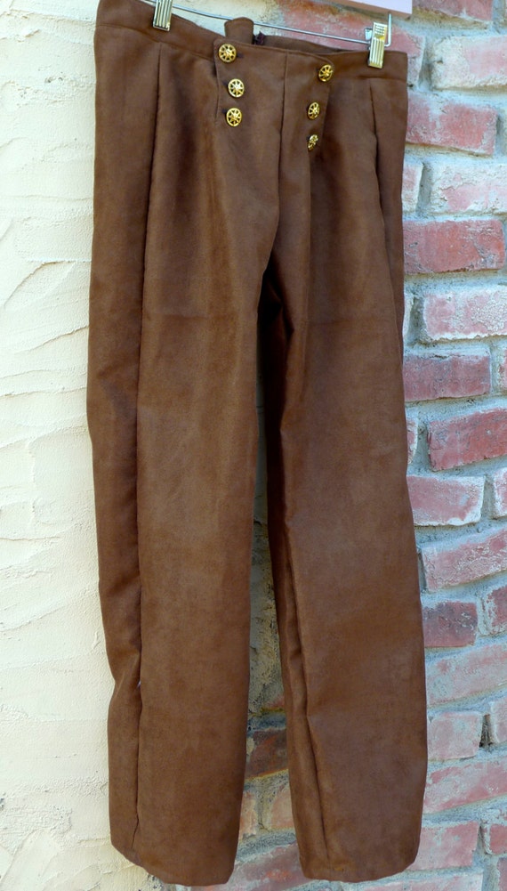 Brown Faux Suede Button Flap Front Steampunk Tapestry Pants