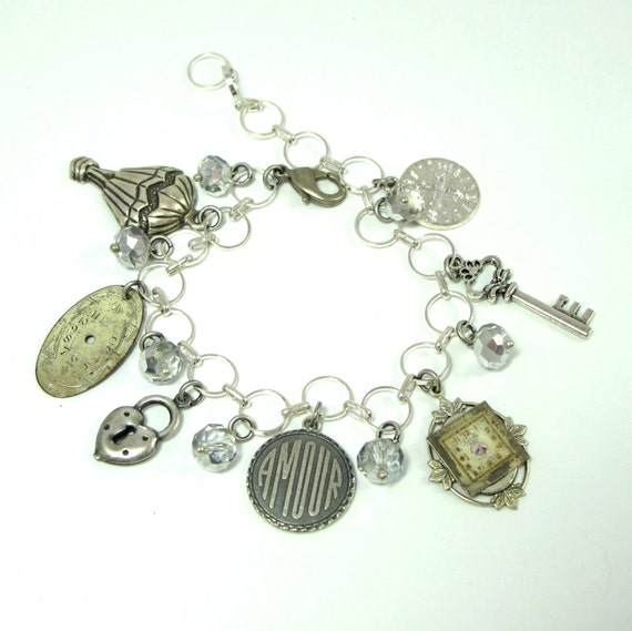 Steampunk Charm OOAK Bracelet Vintage Watch Dials Crystals