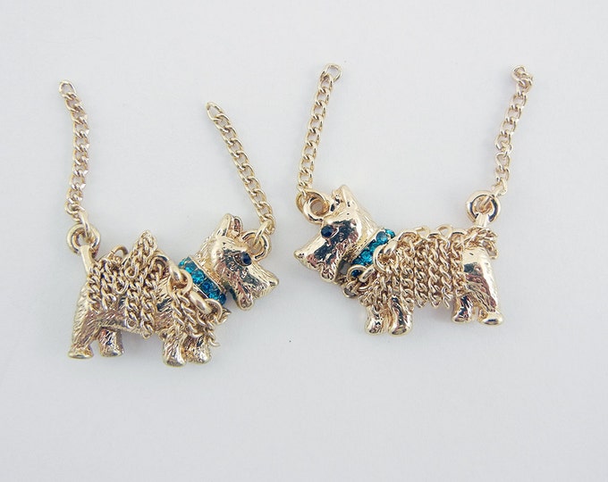 Pair of Scottie Dog Charms with Chain and Blue Rhinestone Collar Double Link