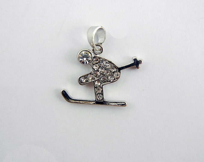 Silver-tone Rhinestone Downhill Skier Pendant