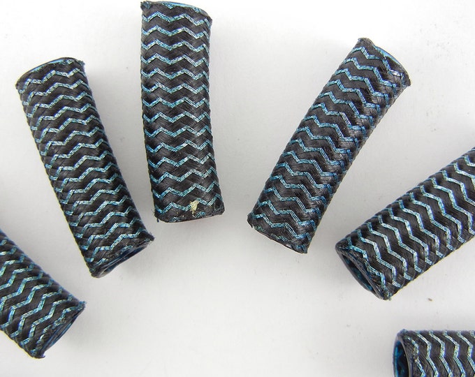 12 Woven Over Acrylic Tube Beads Chevron Design Black and Blue