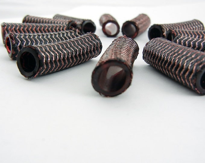 12 Woven Over Acrylic Tube Beads Chevron Design Black and Brown