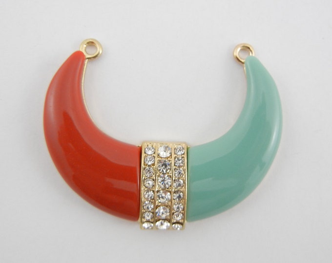 Red and Turquoise Acrylic Crescent Horn Shaped Tribal Pendant Rhinestones Gold-tone