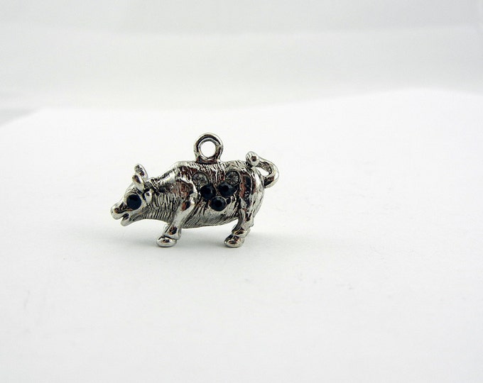 Small Silver-tone Black Rhinestone Accented Bull Charm