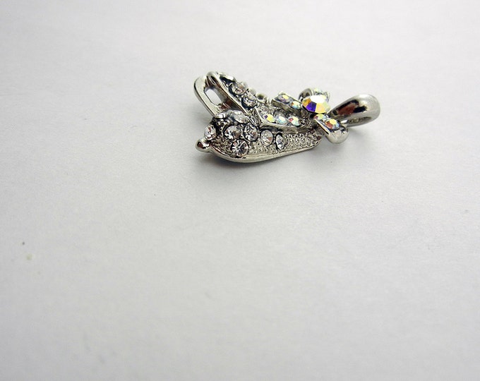 Clear and Aurora Borealis Rhinestone Ice Skates Pendant Silver-tone