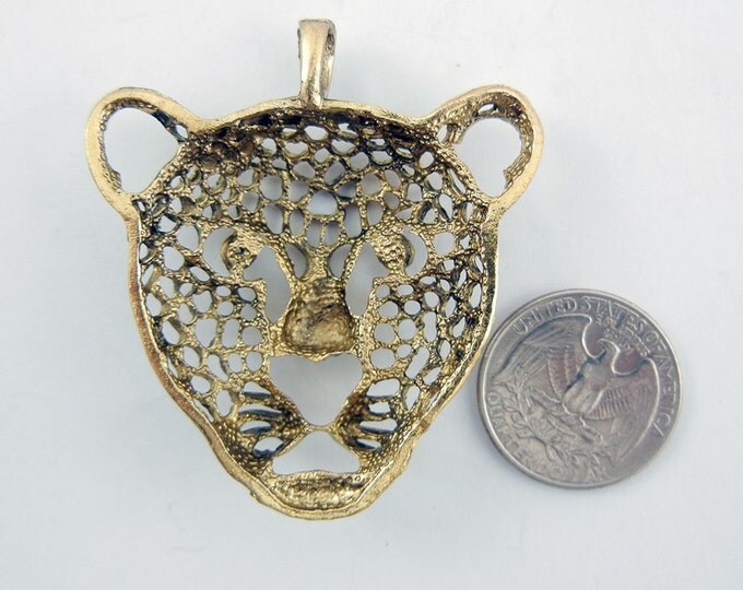 Open Work Filigree Leopard Head Pendant Antique Gold-tone Rhinestones