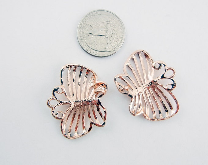 Pair of Linked Burnished Copper-tone Filigree Butterfly Charms