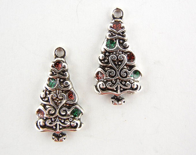 Pair of Silver-tone Deailed Christmas Tree Charms