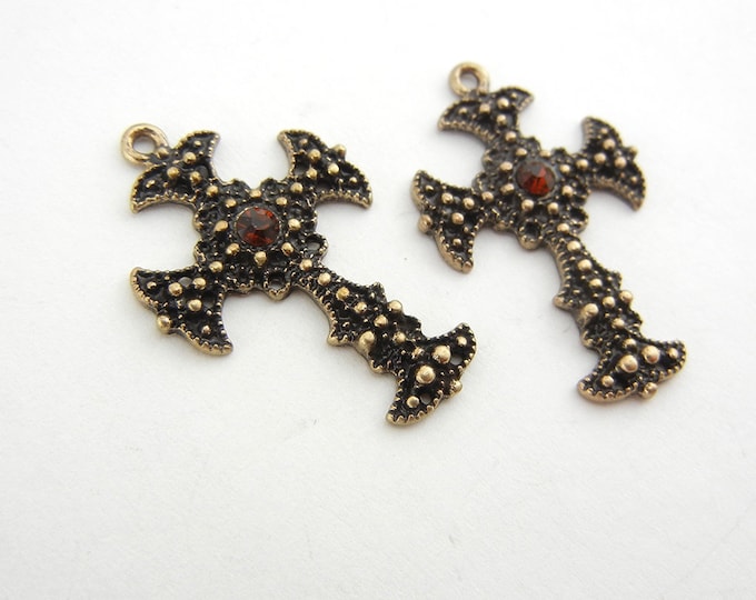 Pair of Small Antique Gold-tone Textured Cross Charms with Topaz Rhinestone