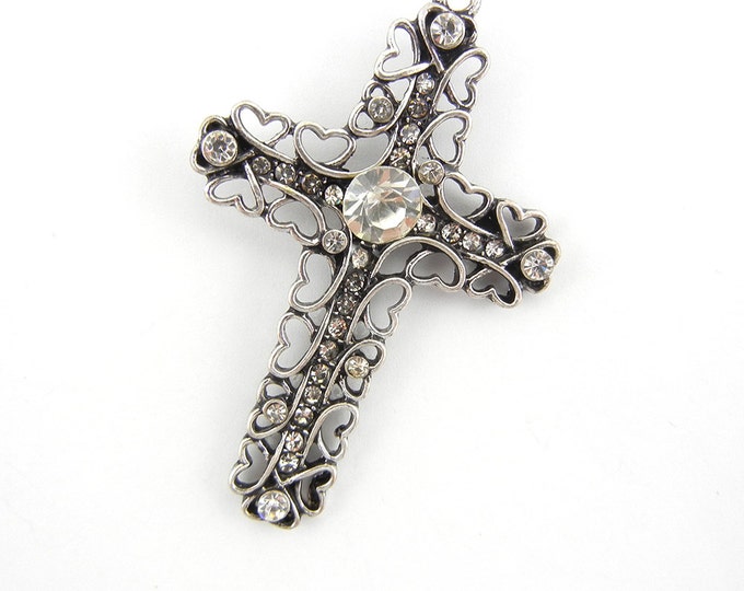 Heart Shaped Filigree Antique Silver-tone with Rhinestone Accents Cross Pendant