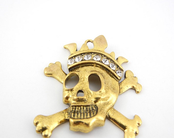 Skull and Cross Bones with Crown Charm Pendant Yellow Gold-tone