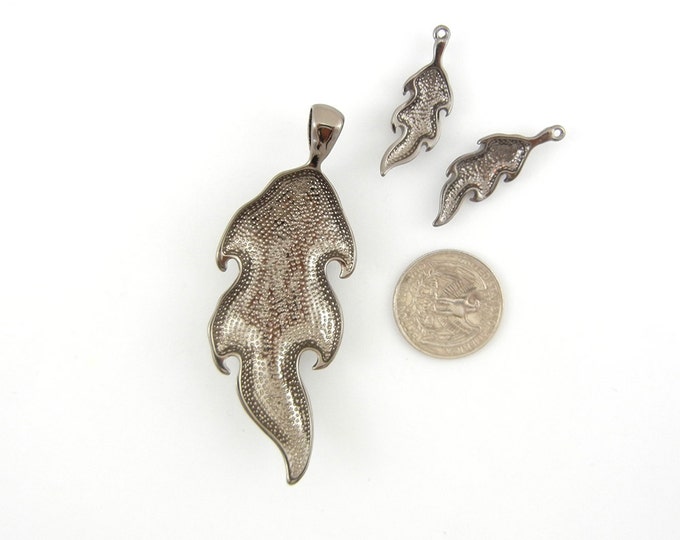 Set of Hematite-tone Leaf Pendant and Charms Rhinestones