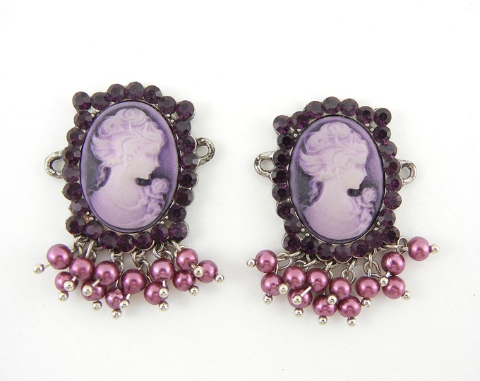 Set of 2 Purple Acrylic Cameo Double Link Side Charms Amethyst Rhinestones