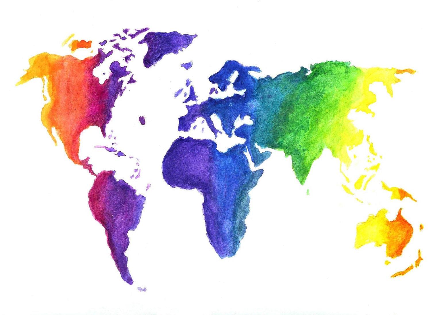 Watercolor World Map Print Earth In Rainbow Colors Hand