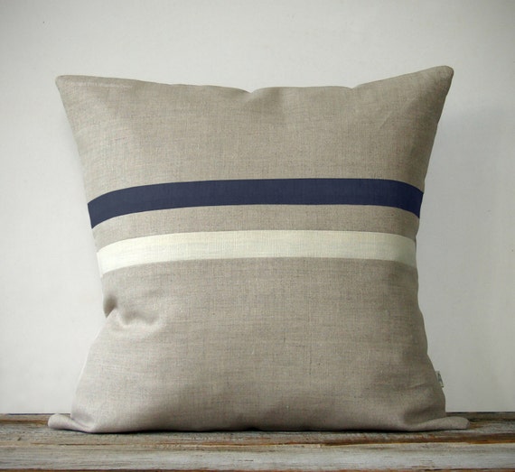 Navy Blue and Cream Striped Pillow Cover 16x16 by JillianReneDecor