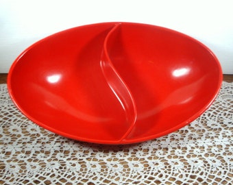 Vintage Divided Bowl, Red, Spaulding Ware, Retro Kitchen Dish (6236)