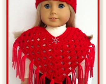 Doll Clothes Made For American Girl, Crochet Poncho Set, RED with Sparkle Bead, Handmade