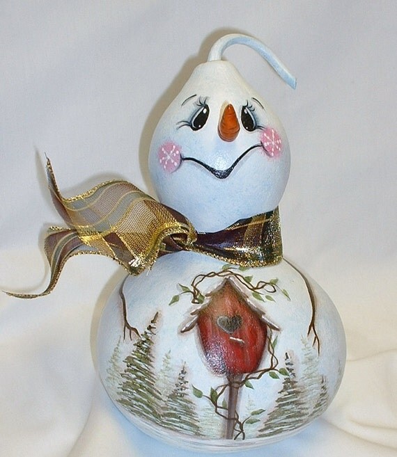 Snowman Gourd with Birdhouse Hand Painted Gourd by FromGramsHouse