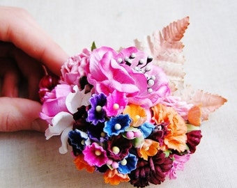 Bon Bon Pink Multi Jewel toned Mixed bunch Vintage style Millinery Flower spray Bouquet corsage holiday wrap, floral shabby chic