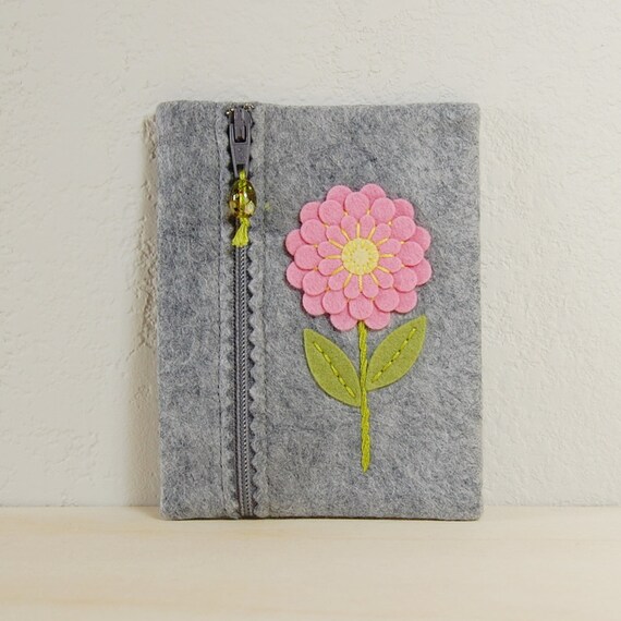 Wool Felt Zipper Pouch Pink & Yellow Flower Hand Embroidered