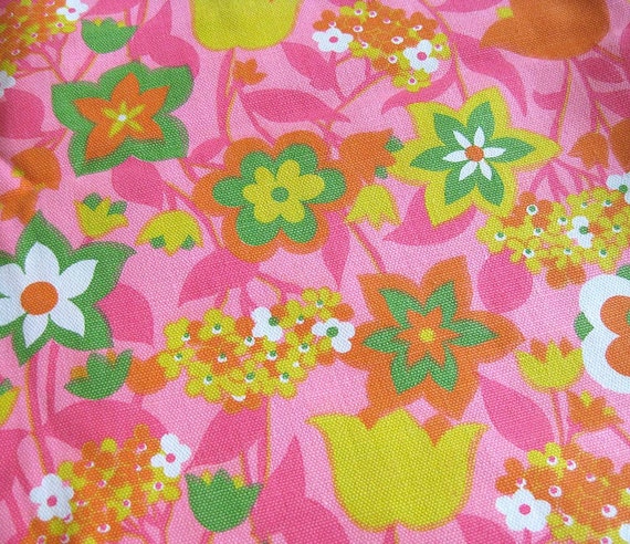 1960s Vintage Cotton Fabric MOD Bright Floral Print Hot