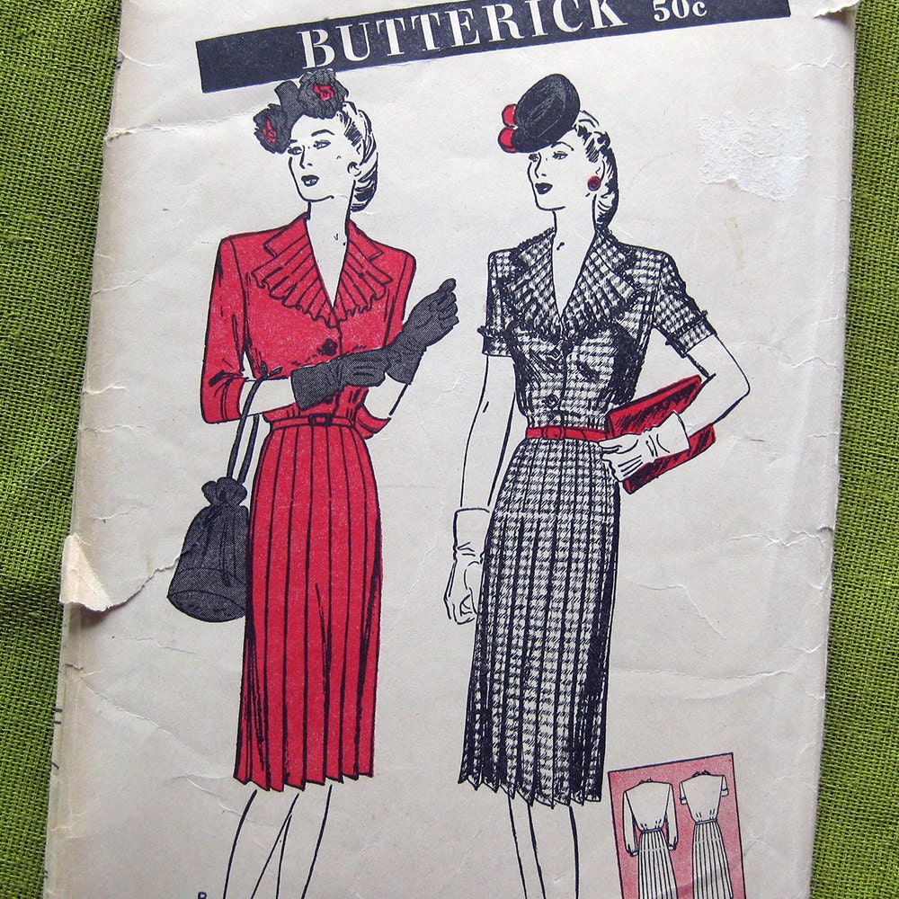 Vintage Sewing Pattern 1940s Dress Jabot Neckline Pleated