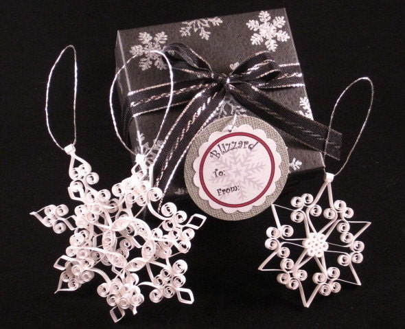 Christmas Ornaments: 'Blizzard Snowflake Collection' Set of 3 elegant, white quilled snowflake ornaments gift boxed Christmas decorations